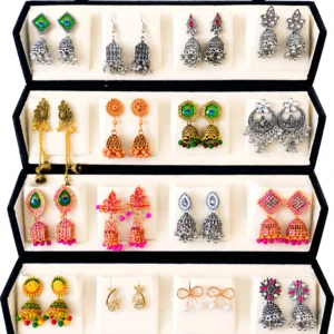Orvexa 16 Pair Oxidised Earrings & Jhumka Set with Storage Box Alloy Earring Set